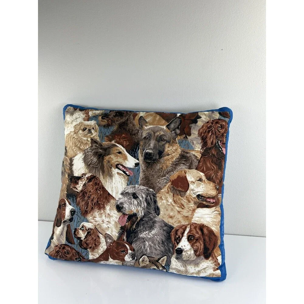 Vintage Fabric Dog All Over Print Decorative Throw Pillow Hand Stitch Detailing